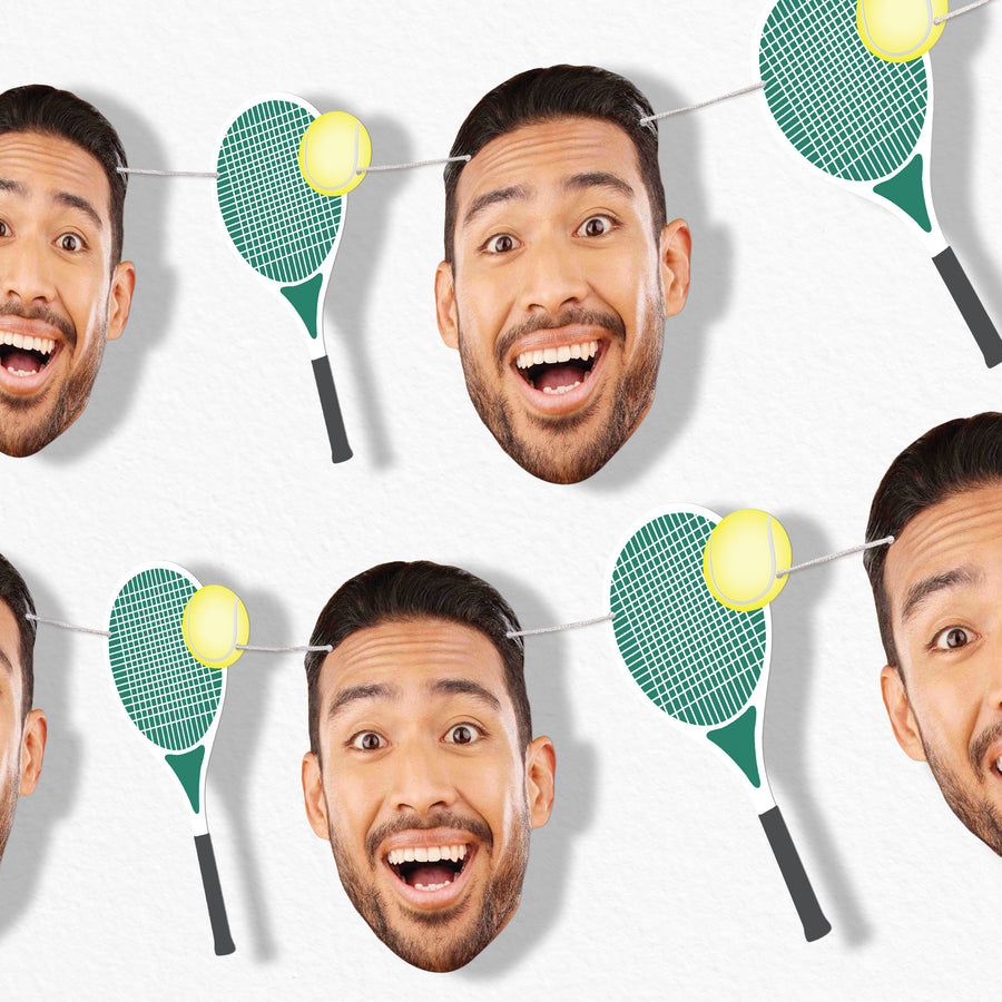 Custom Face Garlnad Benner with  tennis-themed decorations including racket and ball designs.