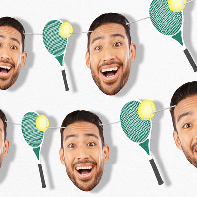 Custom Face Garlnad Benner with  tennis-themed decorations including racket and ball designs.