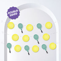 Decorative arch with tennis ball and racket designs, labeled 'Double Sided'.