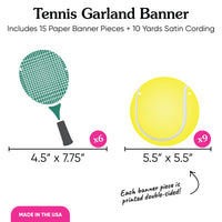 Tennis Garland Banner with racket and ball illustrations and dimensions.