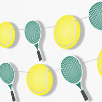 Decorative banner with tennis ball and racket shapes on a white background