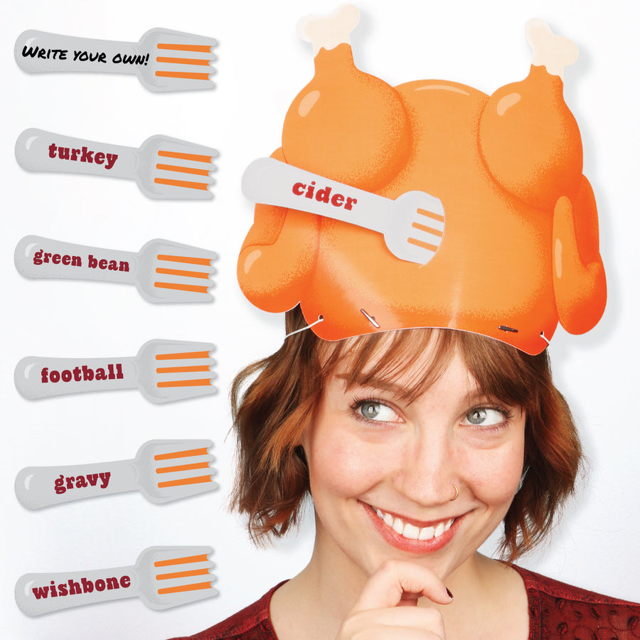 A person wearing an orange turkey-shaped hat with paper forks attached to it, each fork having a written prompt. The image depicts the fun Thanksgiving Turkey Guessing Game, where players use forks with prompts to guess who they are.