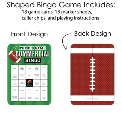 The Big Game - Commercial Bingo Cards and Markers - Football Party Shaped Bingo Game - Set of 18