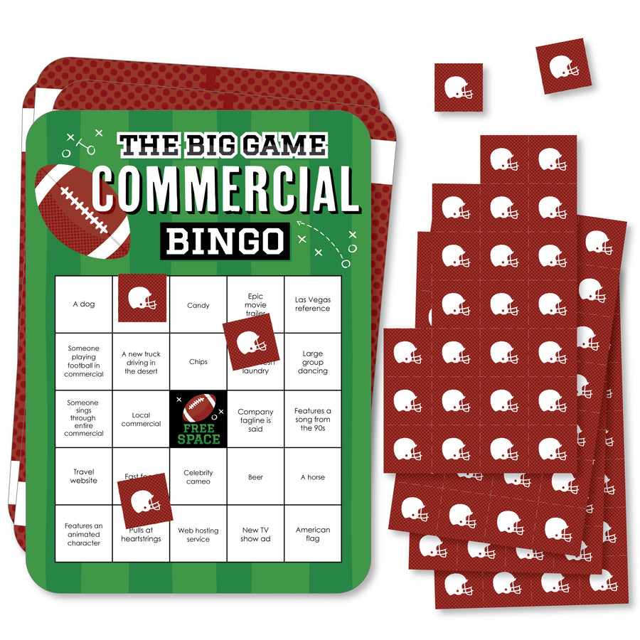 Commercial Bingo cards and markers with a football theme. The cards are rectangle-shaped with football and End Zone graphics, and the markers are perforated and shaped like football helmets.