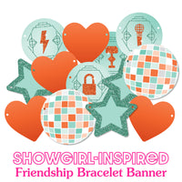 Birthday era banner close-up with mint disco balls and orange hearts