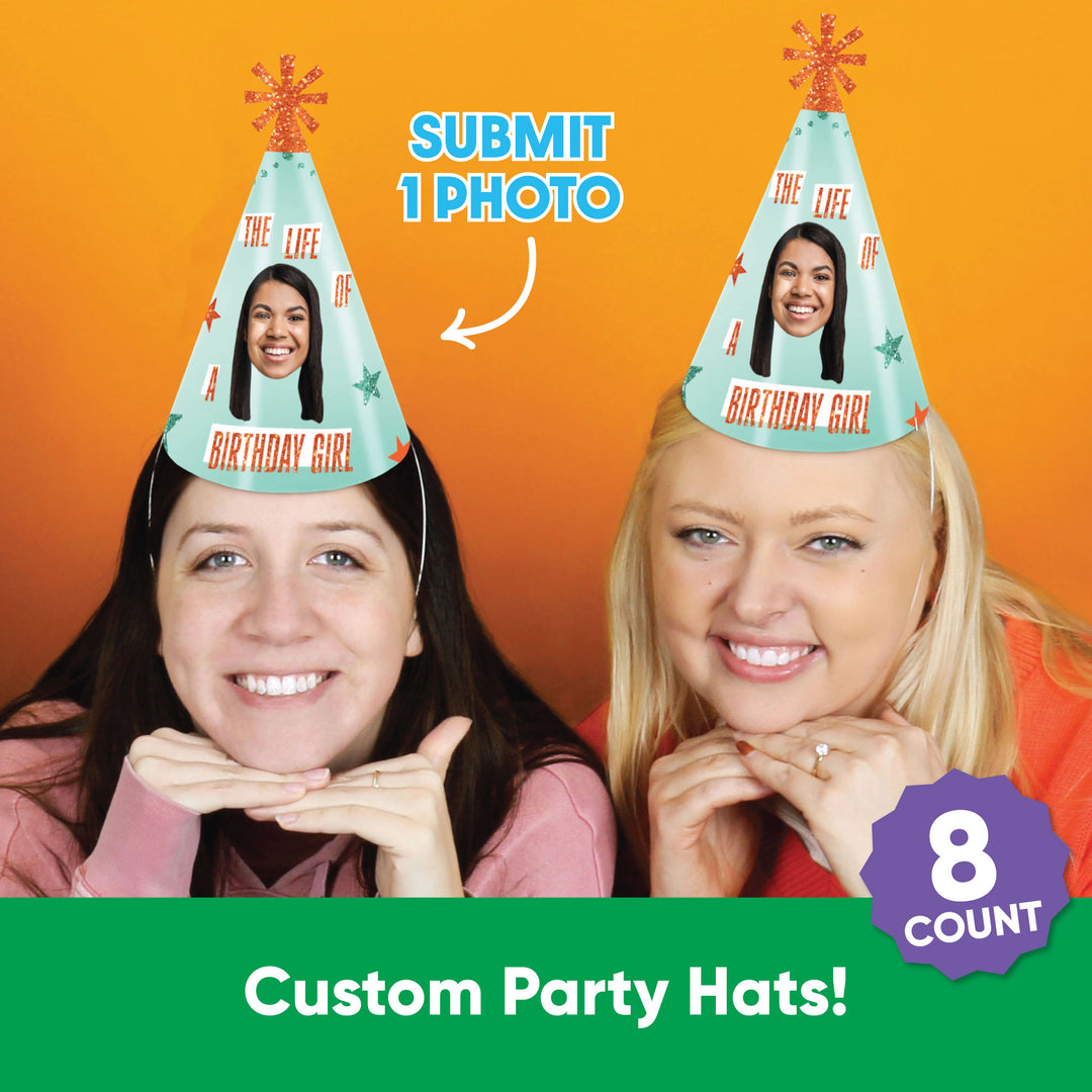Set of eight custom photo showgirl birthday hats