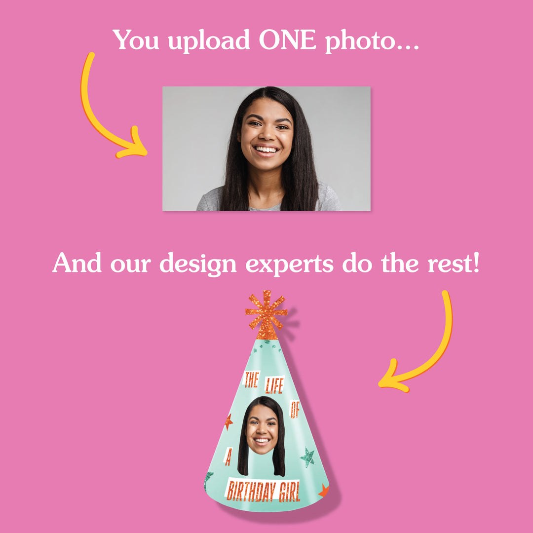 Personalized birthday girl cone hat with face cutout