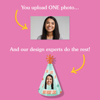 Personalized birthday girl cone hat with face cutout