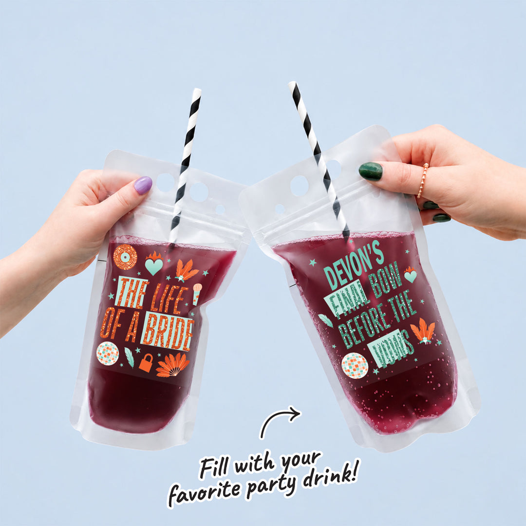 Custom Text Drink Pouches - The Life of a Bride - 12 Ct