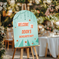 Showgirl bridal welcome sign displayed at party entrance