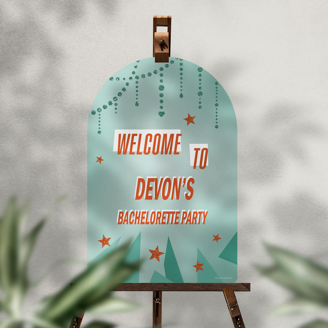 Matte plastic showgirl bridal welcome sign with white back