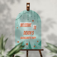 Matte plastic showgirl bridal welcome sign with white back