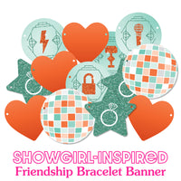 Bridal banner close-up with ring icons, disco balls, and cocktail glass