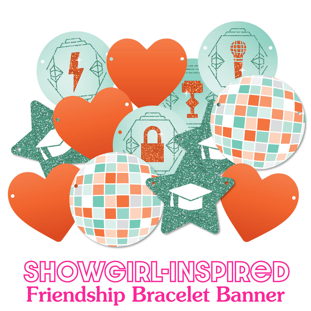 Graduation banner detail with disco balls, teal stars, and orange hearts