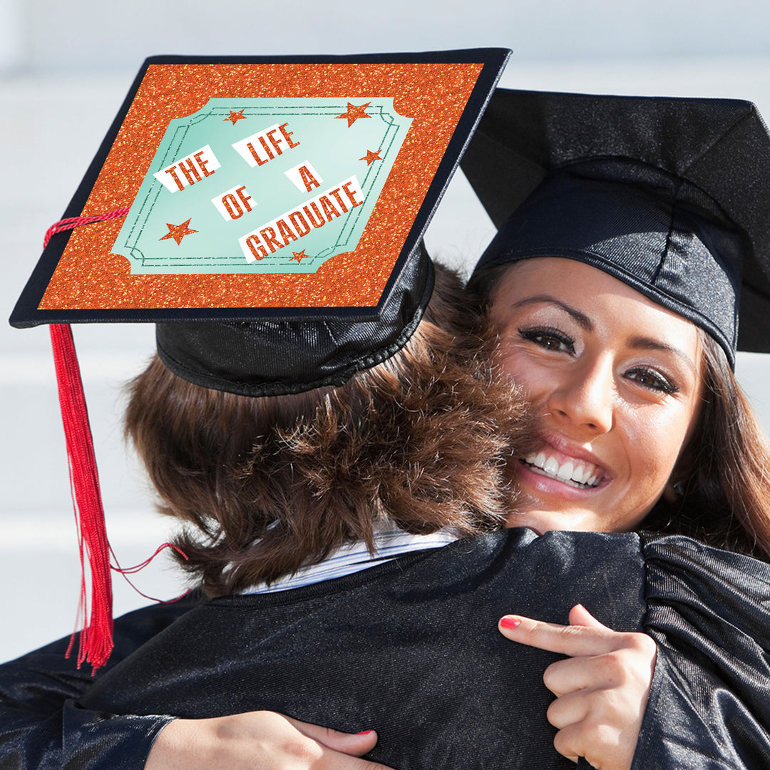 Mint and orange graduation cap topper reading The Life of a Graduate