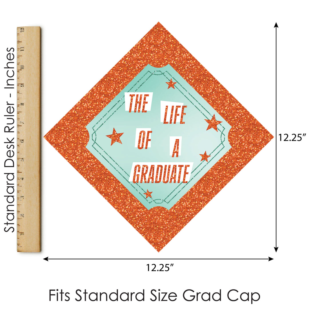 Graduation-themed decorative paper with 'The Life of a Graduate' text, shown with a ruler for scale.