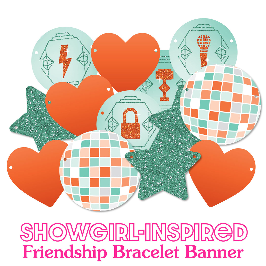 Close-up of disco ball, teal stars, and gem icons on showgirl banner design