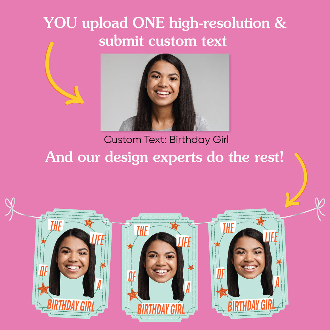 Personalized face garland displayed at birthday celebration