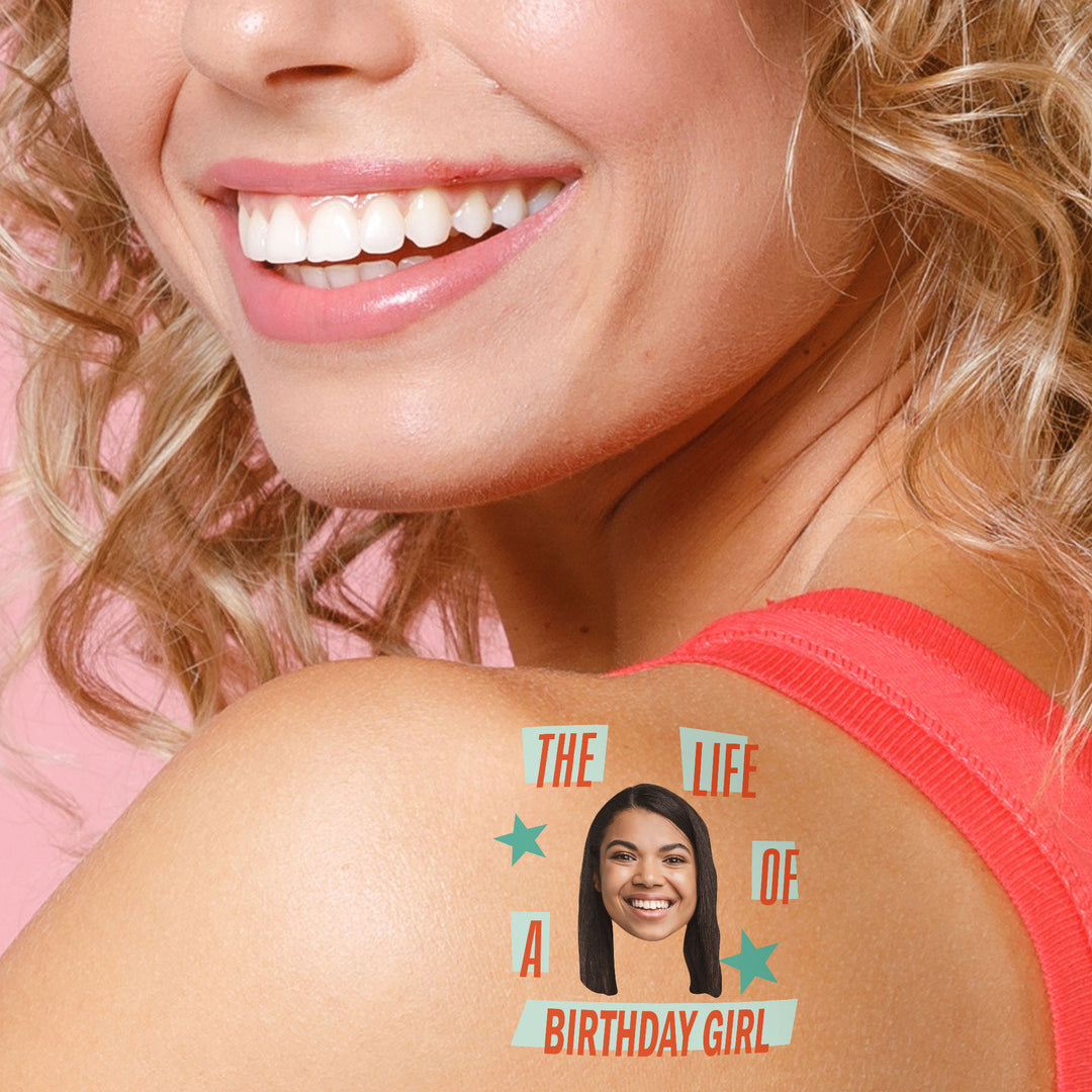 Guest wearing personalized showgirl tattoos at party
