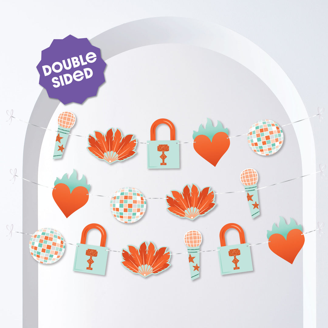 Double-sided showgirl banner pieces with glitter-look accents
