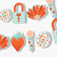 The Life of a Party Showgirl garland banner with disco and feather cutouts