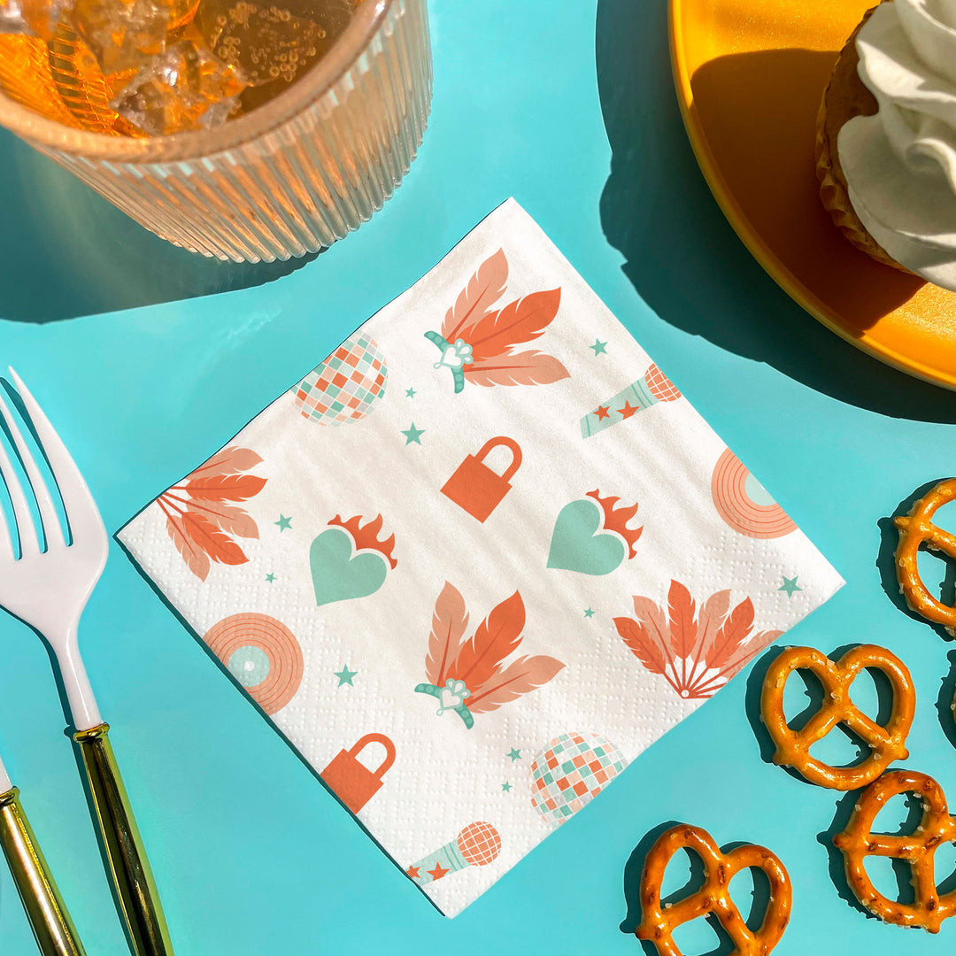 Showgirl napkin with disco ball and flaming heart artwork