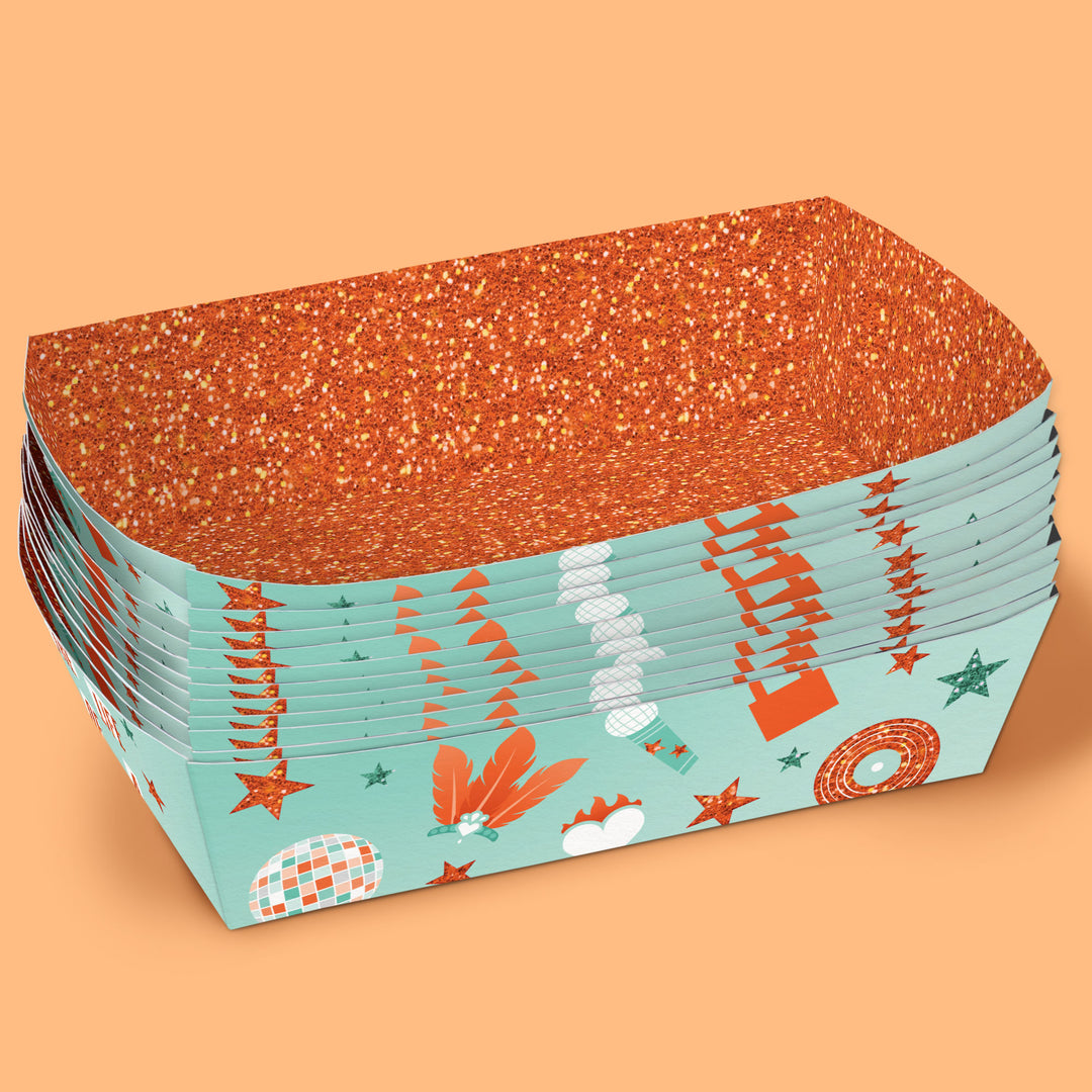 Folded cardstock showgirl food tray with orange interior