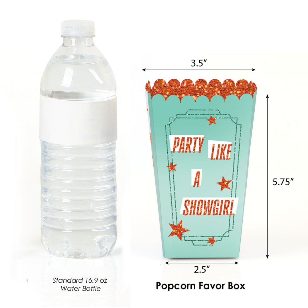 Showgirl popcorn box with disco icons and glitter-look stars
