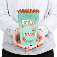 Folded cardstock showgirl treat box in mint and orange