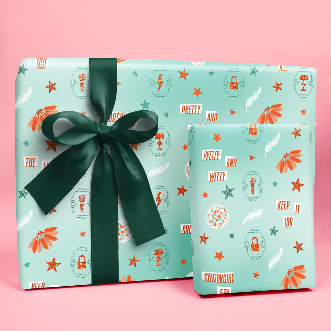 Showgirl themed wrapping paper used for birthday and bachelorette gifts