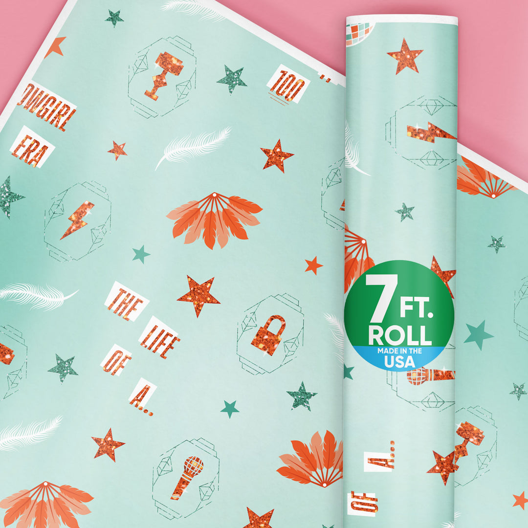 The Life of a Party Showgirl wrapping paper roll in mint and orange disco design