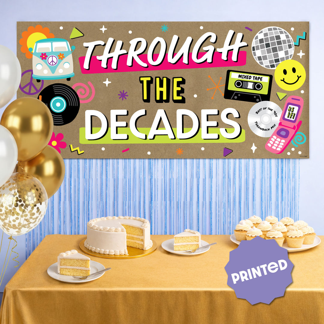 Retro decades party backdrop with neon icons and vinyl records