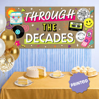 Retro decades party backdrop with neon icons and vinyl records
