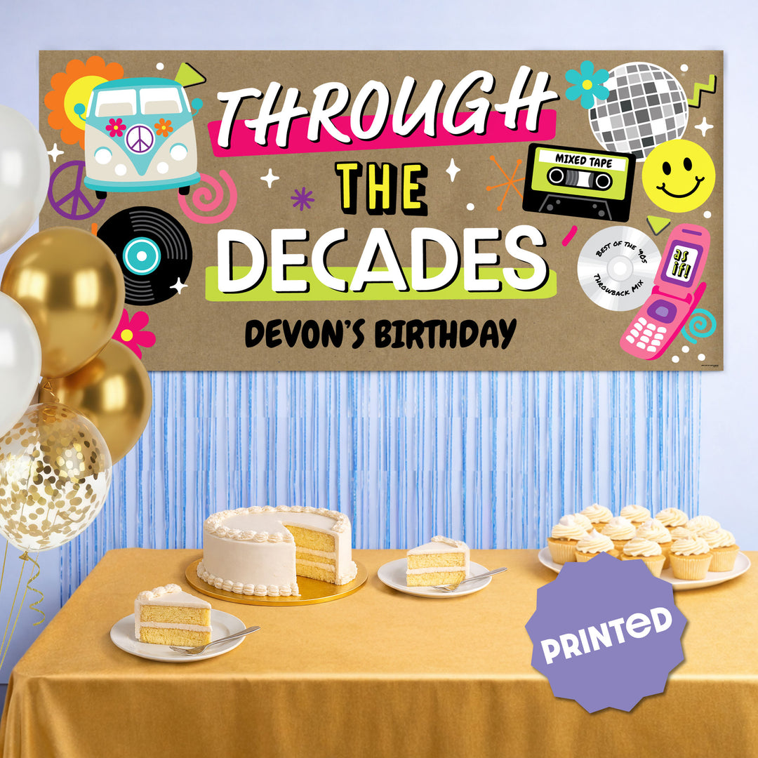 Retro party backdrop with personalized decades banner