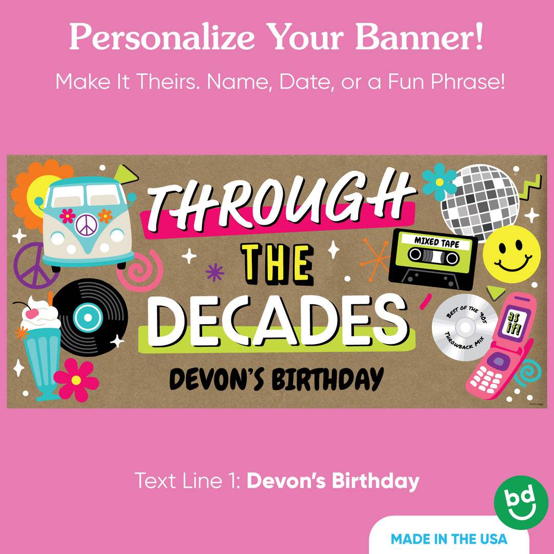 Custom text printed on Through the Decades banner