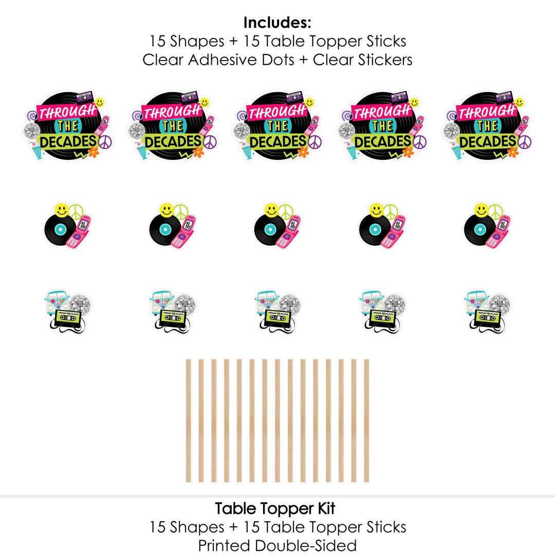 Through the Decades - 50s, 60s, 70s, 80s, and 90s Party Centerpiece Sticks - Table Toppers - Set of 15