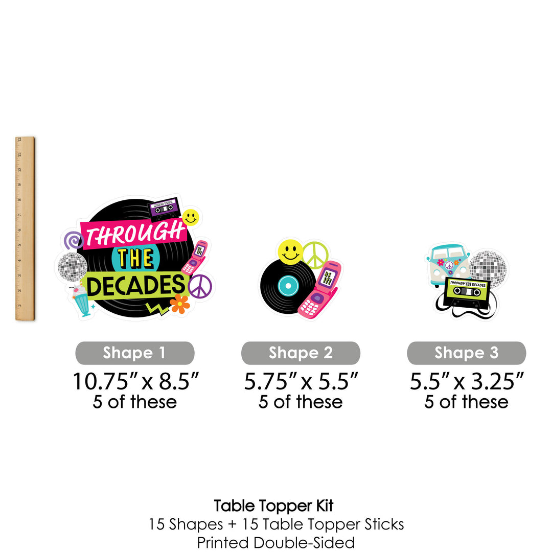 Through the Decades - 50s, 60s, 70s, 80s, and 90s Party Centerpiece Sticks - Table Toppers - Set of 15
