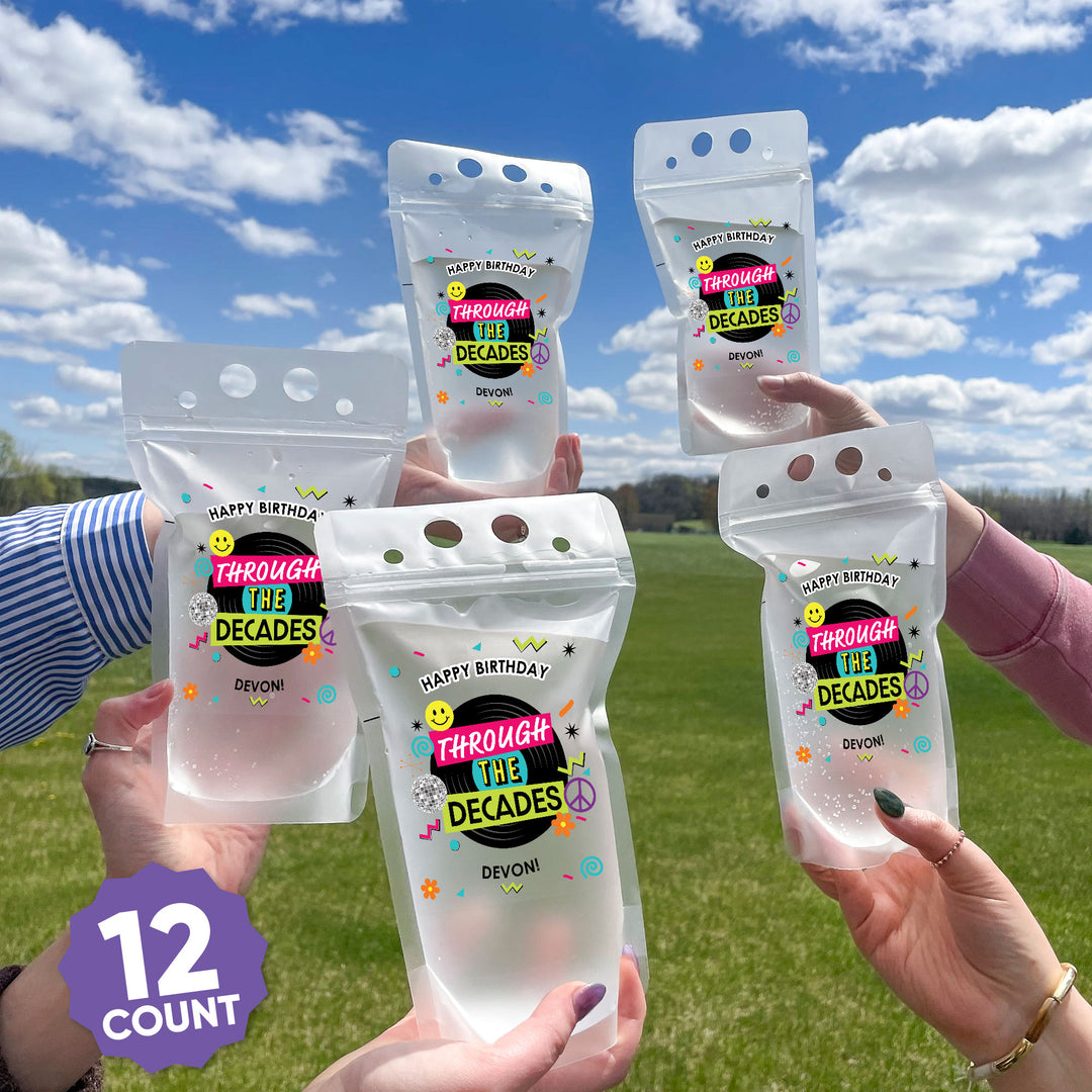 Custom Text Drink Pouches - Through the Decades - 12 Ct