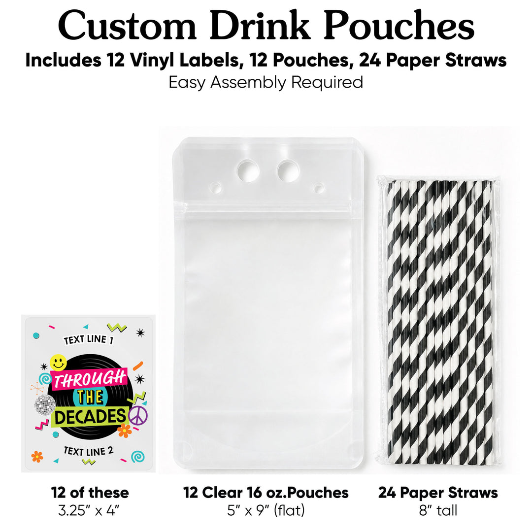Custom Text Drink Pouches - Through the Decades - 12 Ct