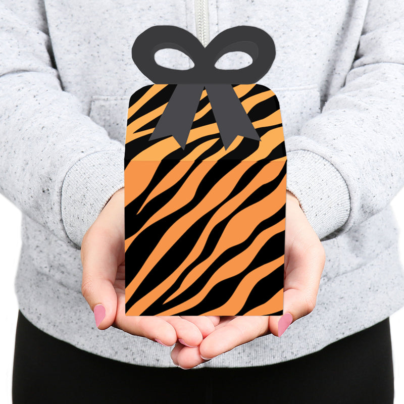 Tiger Print - Square Favor Gift Boxes - Jungle Party Bow Boxes - Set of 12