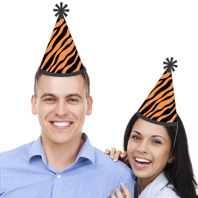 Tiger Print - Cone Happy Birthday Party Hats for Kids and Adults - Set of 8 (Standard Size)
