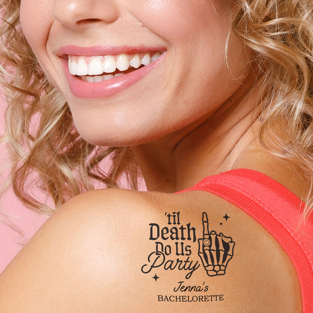 Woman with 'Til Death Do Us Party tattoo on shoulder