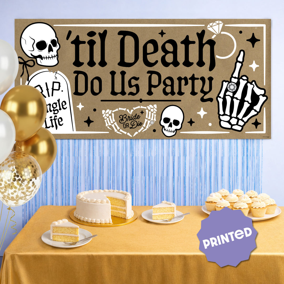Goth bachelorette party setup with Til Death banner