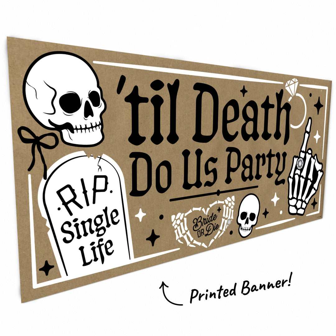Close-up of skeleton ring and skull banner artwork