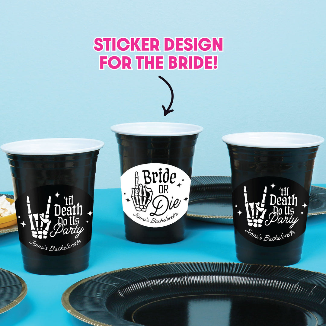 Black 16 oz bachelorette party cup with personalized gothic sticker