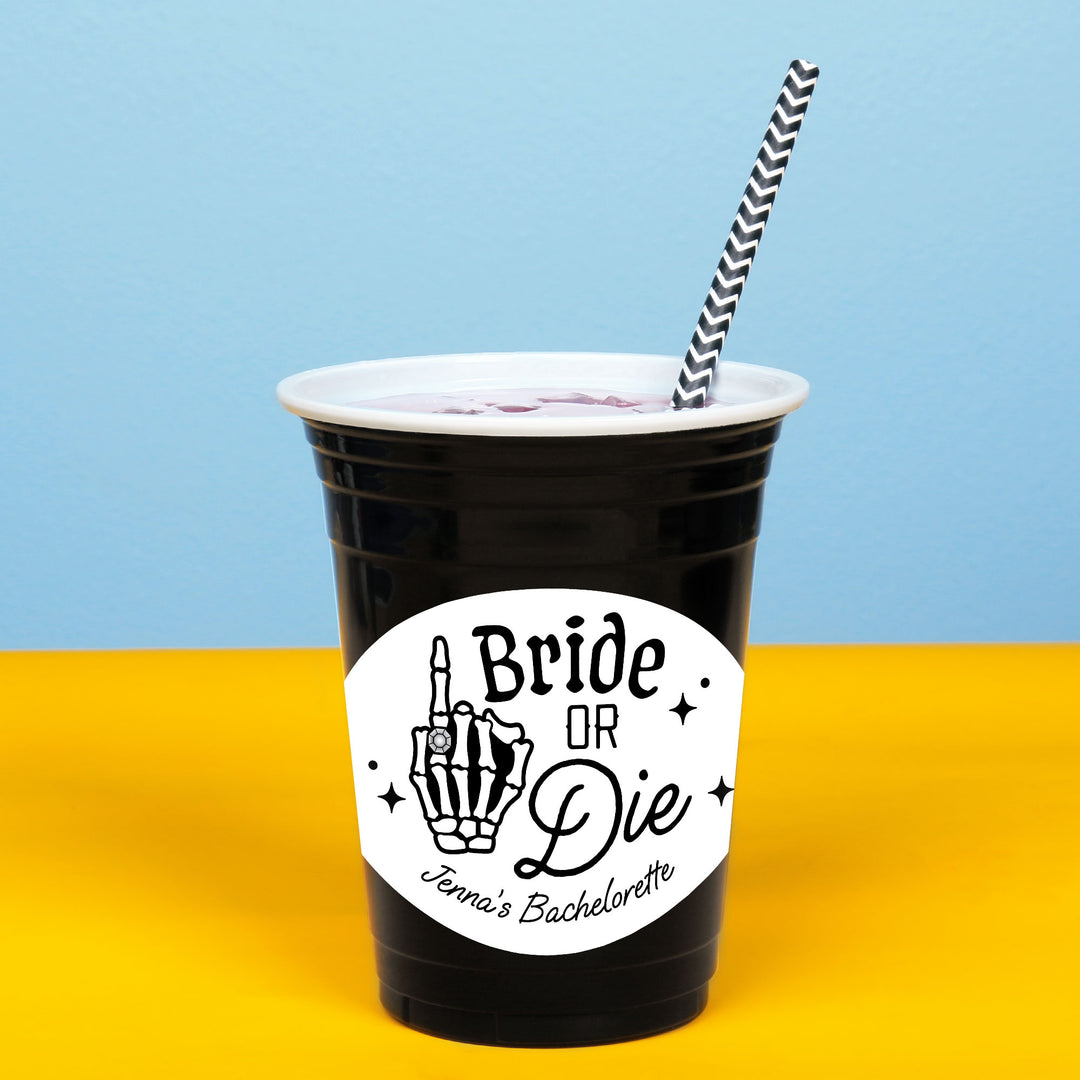 Close-up of waterproof Til Death Do Us Party cup sticker detail