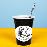 Close-up of waterproof Til Death Do Us Party cup sticker detail