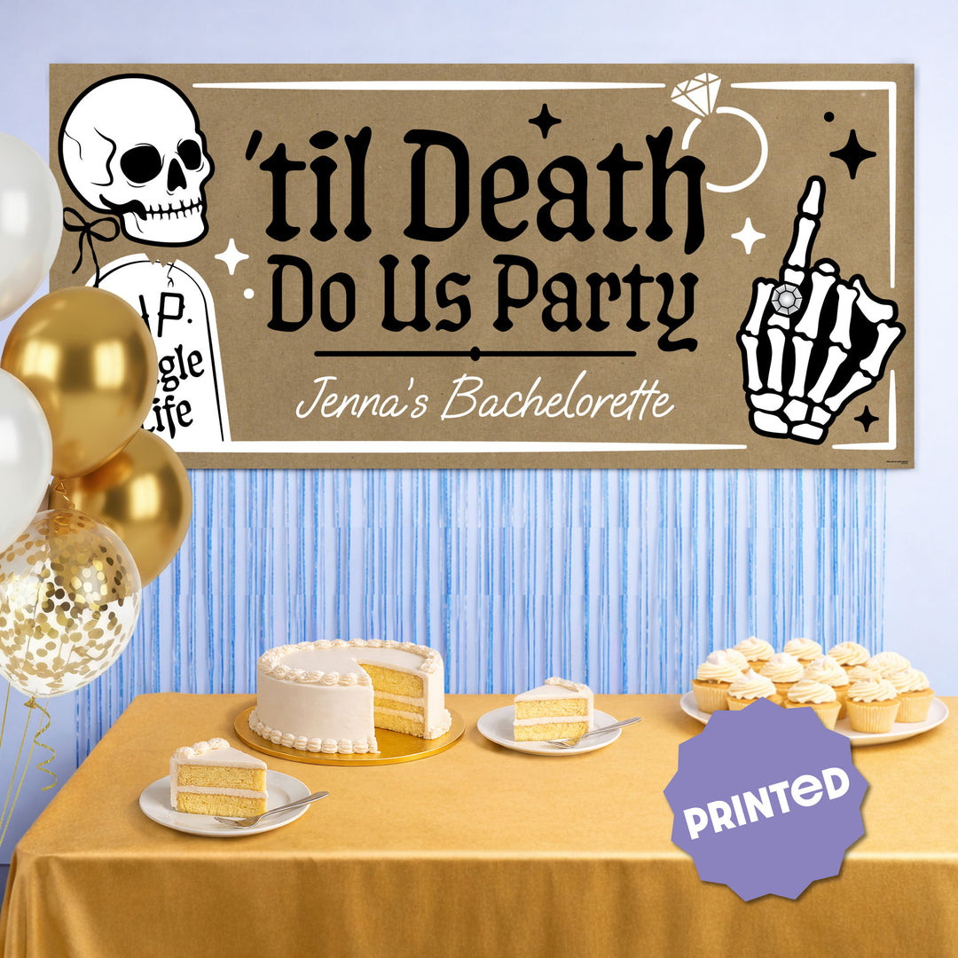 Goth bachelorette backdrop with Til Death custom banner