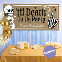 Goth bachelorette backdrop with Til Death custom banner