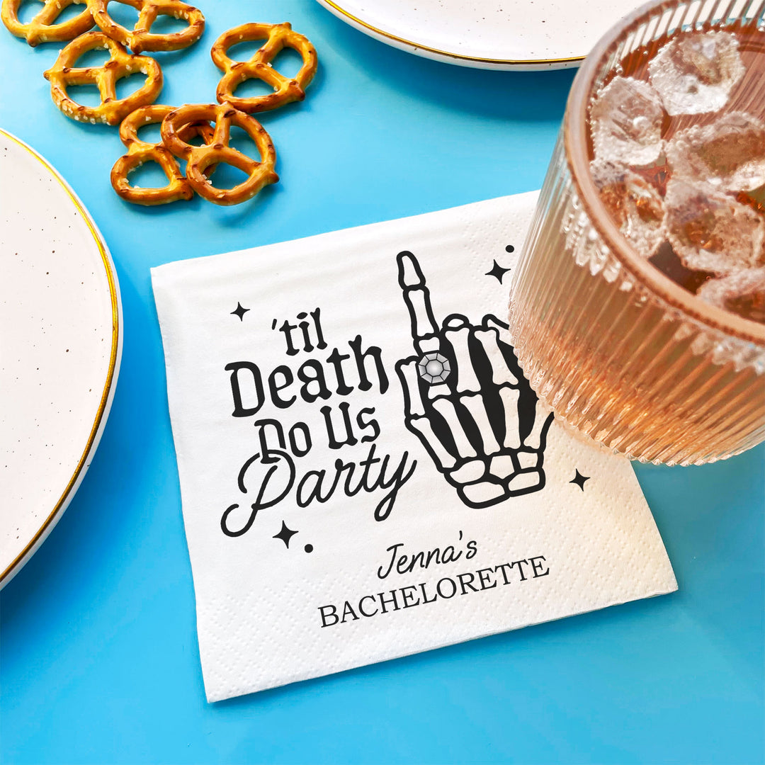 Goth bachelorette drink table with custom Til Death napkins